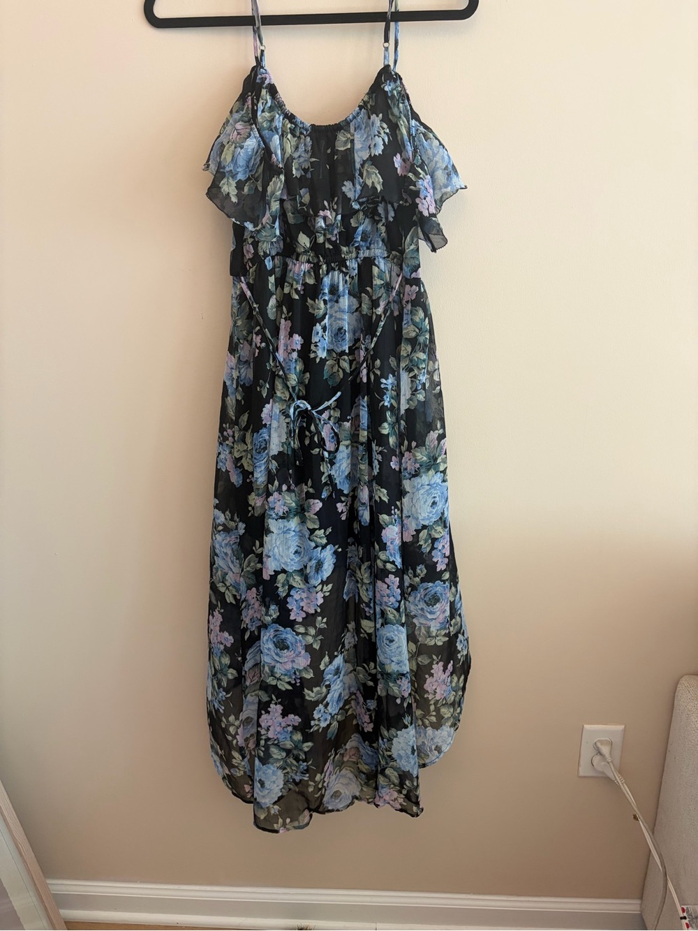 Abercrombie & Fitch Floral Off-Shoulder Hi-low Dress in Black & Blue Women’s Med - Picture 6 of 11